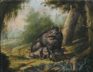 A sow with her piglets attacked by bees - Georg Ernst Sandner — artwork view