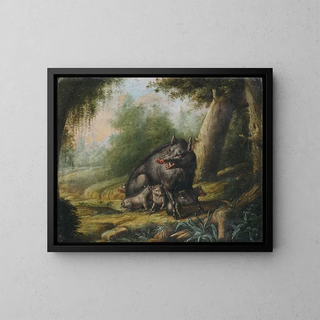 A sow with her piglets attacked by bees - Georg Ernst Sandner — framed artwork on a wall