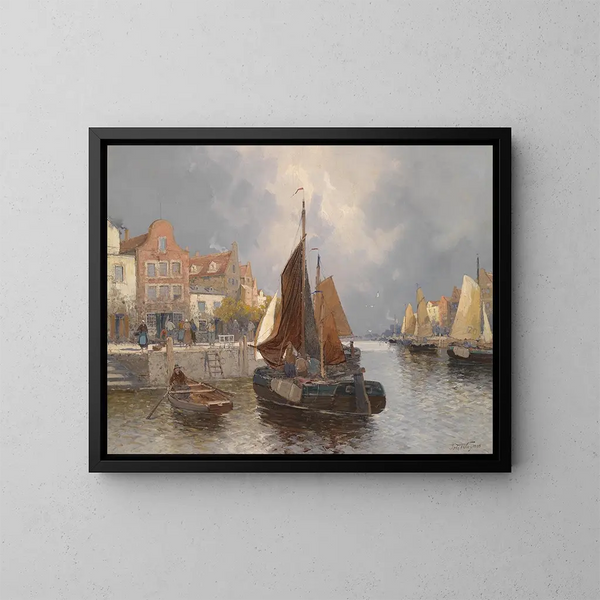 View of Dutch port - Georg Fischhof — framed artwork on a wall
