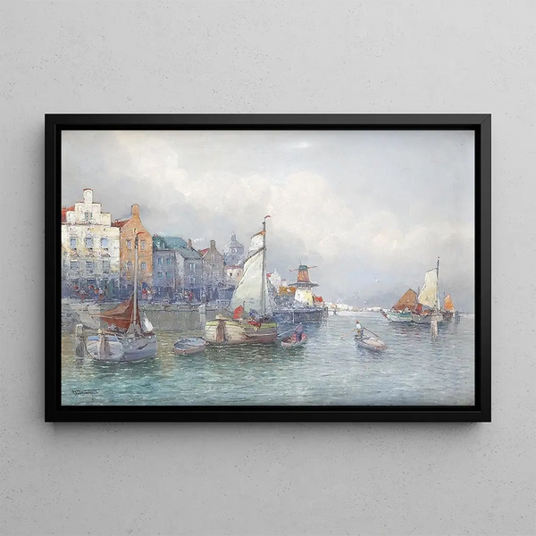 Scene of Dutch port - Georg Fischhof — framed artwork on a wall