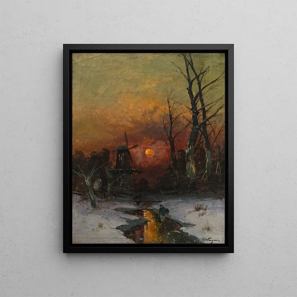 Winter Landscape Painting at Sunset - Georg Fischhof — framed artwork on a wall