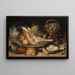 Still life with veal thigh, insects, and tit - Georg Flegel — framed artwork on a wall