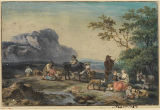 Landscape painting with shepherds resting - Georg Friedrich Meyer — artwork view