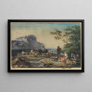 Landscape painting with shepherds resting - Georg Friedrich Meyer — framed artwork on a wall