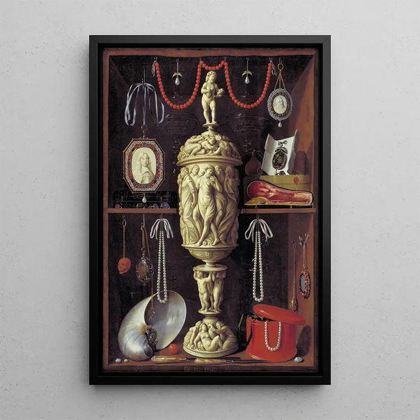 A cabinet with art objects - Georg Hainz — framed artwork on a wall
