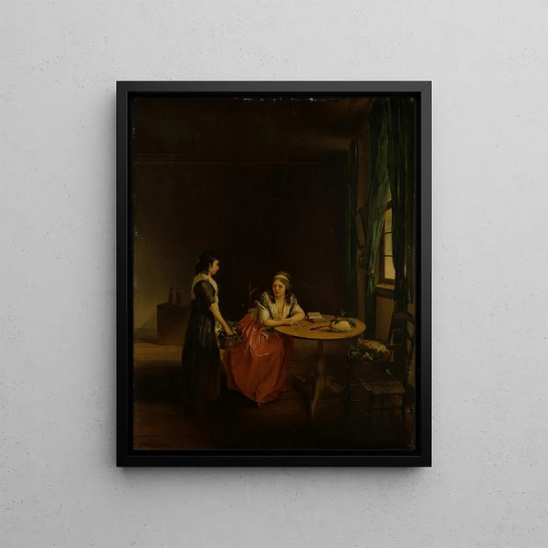 a housewife settling in with her maid - Georg Karl Urlaub — framed artwork on a wall