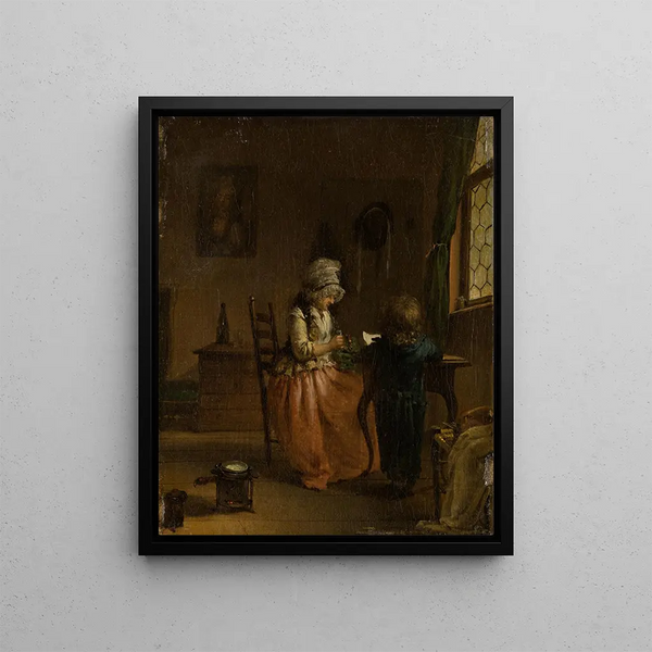A woman and a boy at a table - Georg Karl Urlaub — framed artwork on a wall
