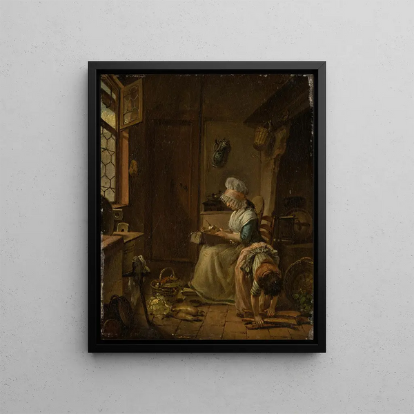 Kitchen scene - Georg Karl Urlaub — framed artwork on a wall