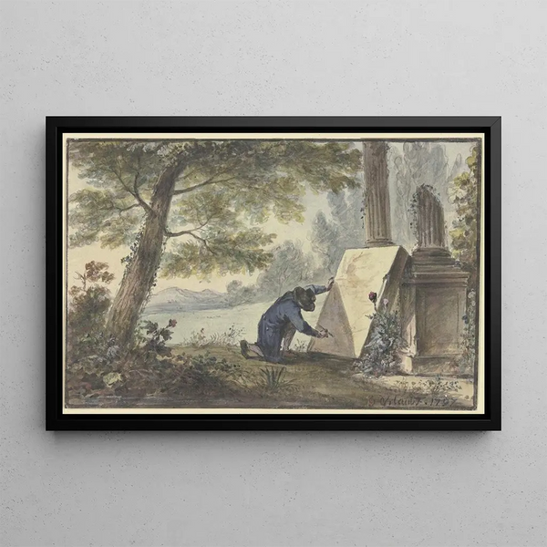 Landscape painting of a painter under a tree near two fragments of columns - Georg Karl Urlaub — framed artwork on a wall