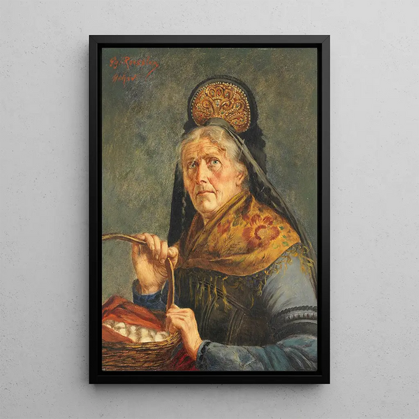 Festive Costume Folk Painting with Basket - Georg Rößler — framed artwork on a wall