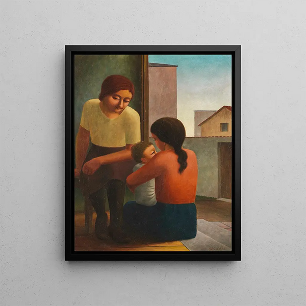 Two women with a child - Georg Schrimpf — framed artwork on a wall