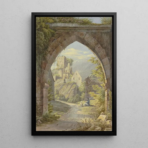 Gothic Arc Painting with View of a Castle - Georg von Krieg — framed artwork on a wall
