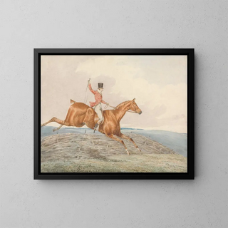 Hunting Cavalier Painting crossing a hedge - George Alken — framed artwork on a wall