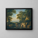 a wooded mountain landscape with figures near a river in the foreground - George Barret — framed artwork on a wall