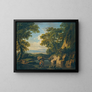 a wooded mountain landscape with figures near a river in the foreground - George Barret — framed artwork on a wall