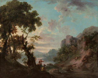 a wooded landscape with a lake and fishermen in the foreground - George Barret — artwork view