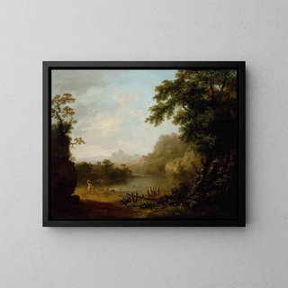 a wooded Italian river landscape with figures - George Barret — framed artwork on a wall