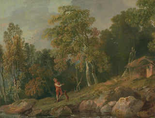 Landscape painting with a boy and his dog - George Barret — artwork view