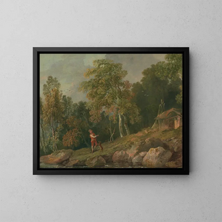Landscape painting with a boy and his dog - George Barret — framed artwork on a wall