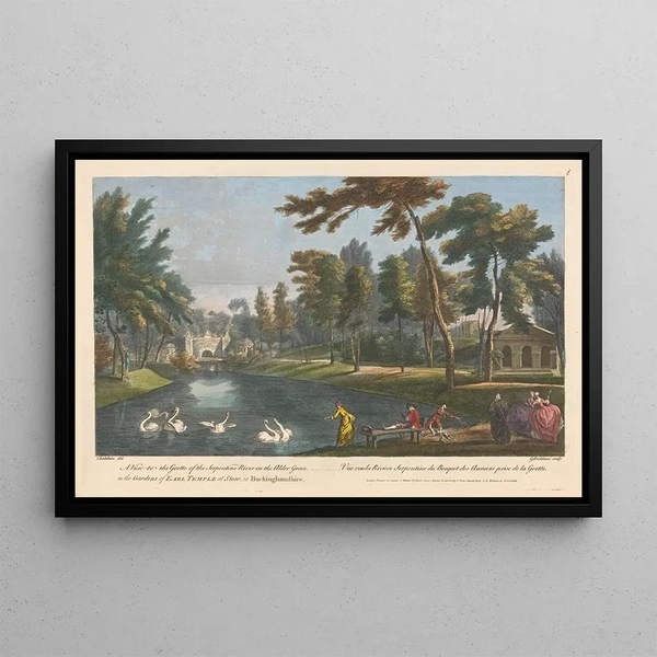 View of the cave of the Serpentine river in the alder grove in the gardens of Count Temple in Stow in Buckinghamshire - George Bickham the Elder — framed artwork on a wall