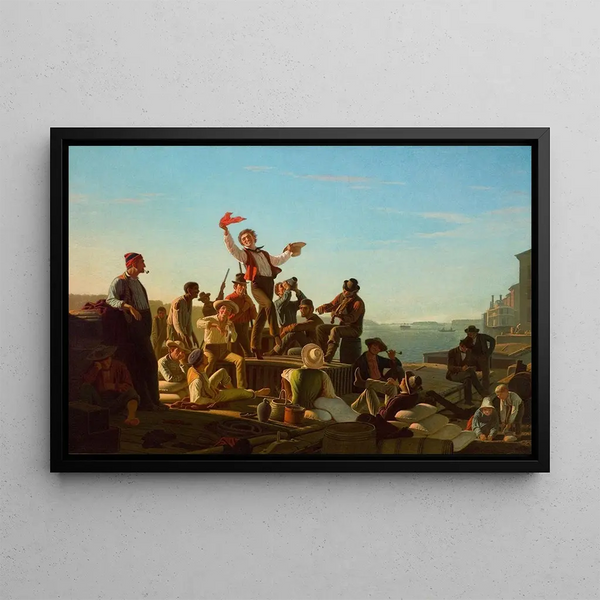 Joyeux bateliers à plat fond au port - George Caleb Bingham — framed artwork on a wall