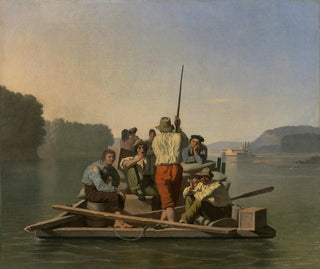 a stranded steamboat assisted by a lighter - George Caleb Bingham — artwork view