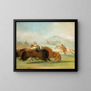 Baptiste and Me Running the Buffalo's Mouth in Yellowstone - George Catlin — framed artwork on a wall