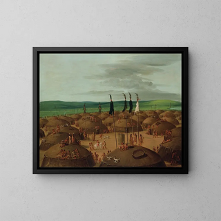 Aerial view of the Mandan village 1800 miles above Saint Louis - George Catlin — framed artwork on a wall