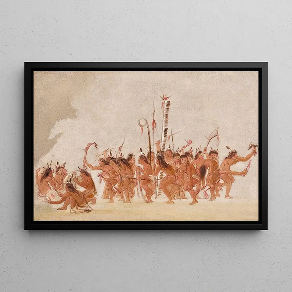 Dance of the Braves Ojibwa - George Catlin — framed artwork on a wall