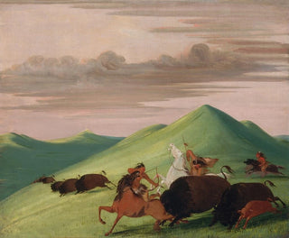 Buffalo Hunt: a bull protecting a cow and her calf - George Catlin — artwork view