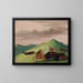 Buffalo Hunt: a bull protecting a cow and her calf - George Catlin — framed artwork on a wall