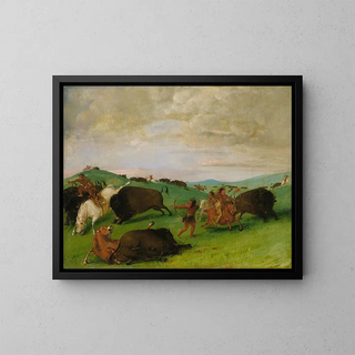 The buffalo hunt: bulls fighting with men and horses - George Catlin — framed artwork on a wall