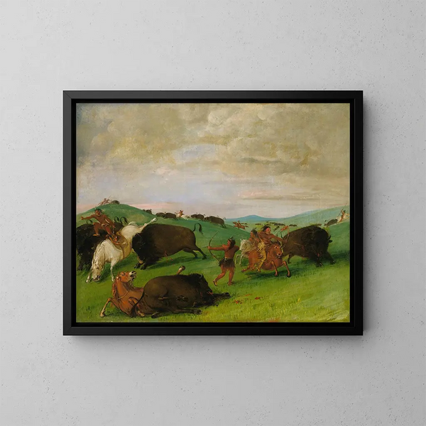 The buffalo hunt: bulls fighting with men and horses - George Catlin — framed artwork on a wall