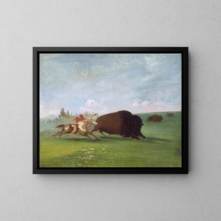 Buffalo Hunt, a single death - George Catlin — framed artwork on a wall