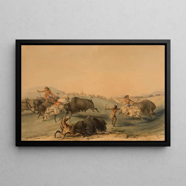 Bison Hunt - George Catlin — framed artwork on a wall