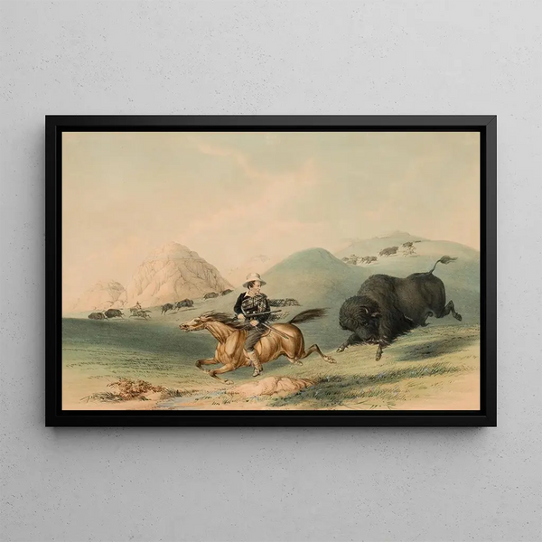 Bison Hunt in Pursuit - George Catlin — framed artwork on a wall