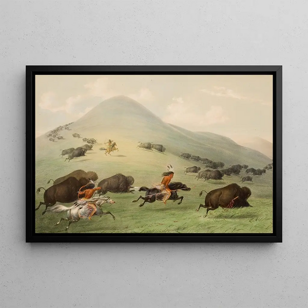 Hunting Bison on Horseback - George Catlin — framed artwork on a wall