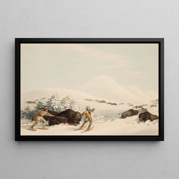 Bison hunting on snowshoes - George Catlin — framed artwork on a wall