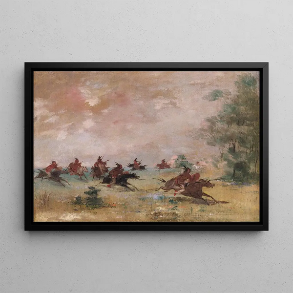 Partie de guerre comanche montée sur des chevaux sauvages - George Catlin — framed artwork on a wall