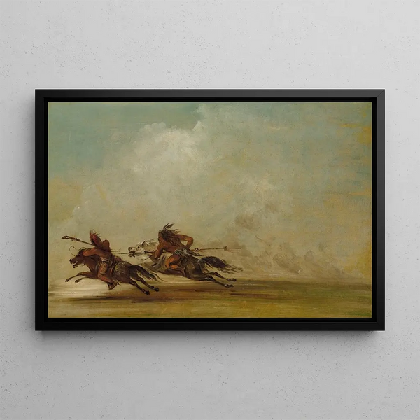 Warrior Comanche throwing an Osage at full speed - George Catlin — framed artwork on a wall