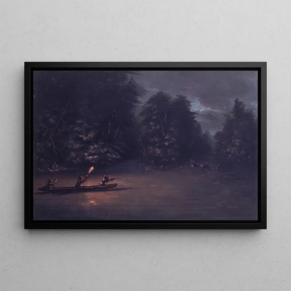 Hunting for Deer with Torches in Canoes of Bark - George Catlin — framed artwork on a wall