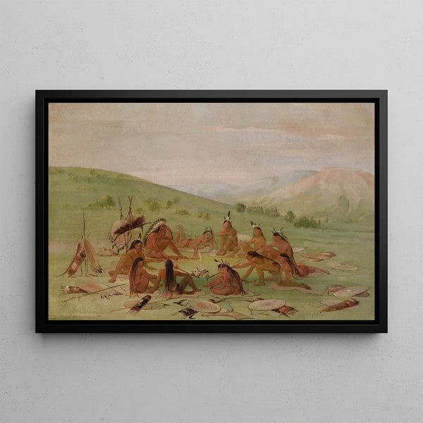 the Mandan War Party in Council painting - George Catlin — framed artwork on a wall