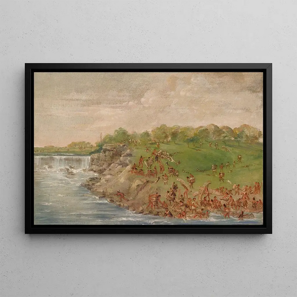 Ojibwa painting featuring Saint Anthony Falls - George Catlin — framed artwork on a wall