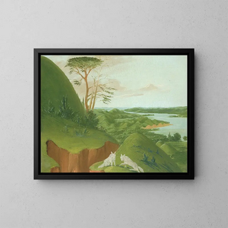 River Cliffs with White Wolves in the Foreground, Upper Missouri - George Catlin — framed artwork on a wall
