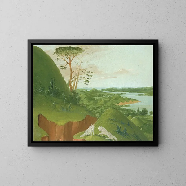 River Cliffs with White Wolves in the Foreground, Upper Missouri - George Catlin — framed artwork on a wall
