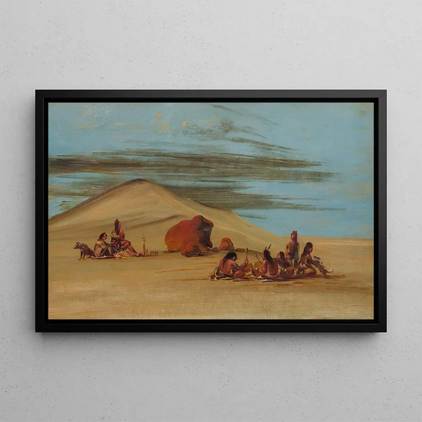 Sioux painting worshiping on red rocks - George Catlin — framed artwork on a wall