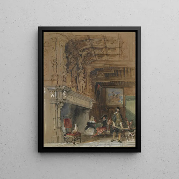 an old English manor in the falconry era - George Cattermole — framed artwork on a wall