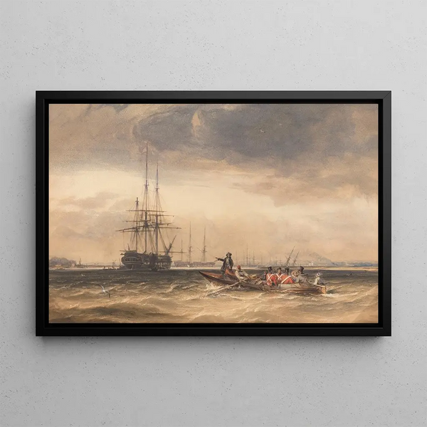 Soldiers transported in a boat towards an Indiaman at Northfleet - George Chambers — framed artwork on a wall