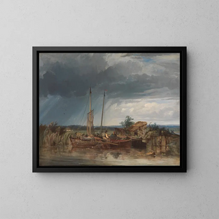 Two fishing boats on the banks of inland waters - George Chambers — framed artwork on a wall