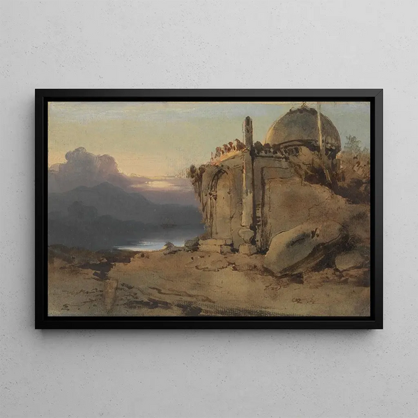 Ruins of a temple at sunset - George Chinnery — framed artwork on a wall
